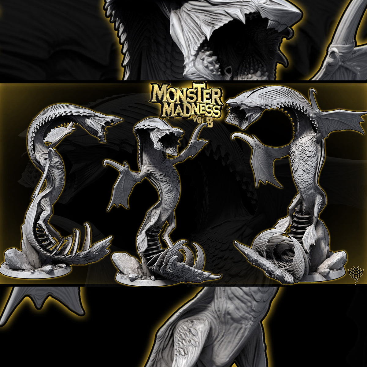 Gray resin renders of Elder Sky Serpent Pose 3 showing a towering upright stance on a 50mm base.