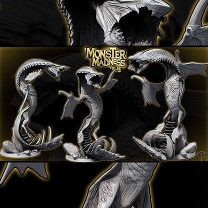 Gray resin renders of Elder Sky Serpent Pose 3 showing a towering upright stance on a 50mm base.