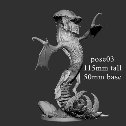 Dimension render for Elder Sky Serpent Pose 3 measuring 115mm tall on a 50mm base.
