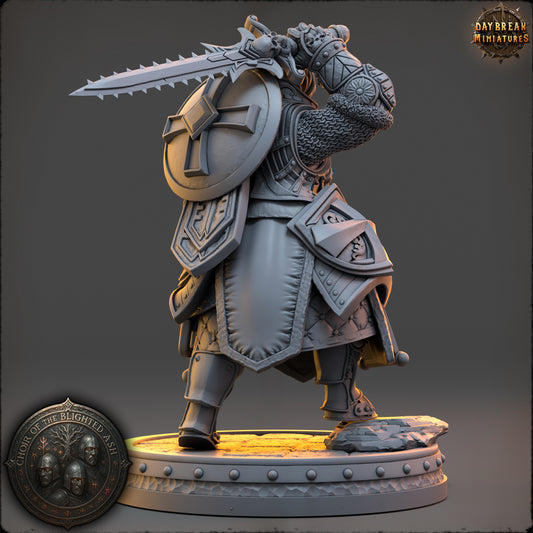 Rear view of Eldra Veyne Human Paladin miniature showing heavy armor and layered equipment.