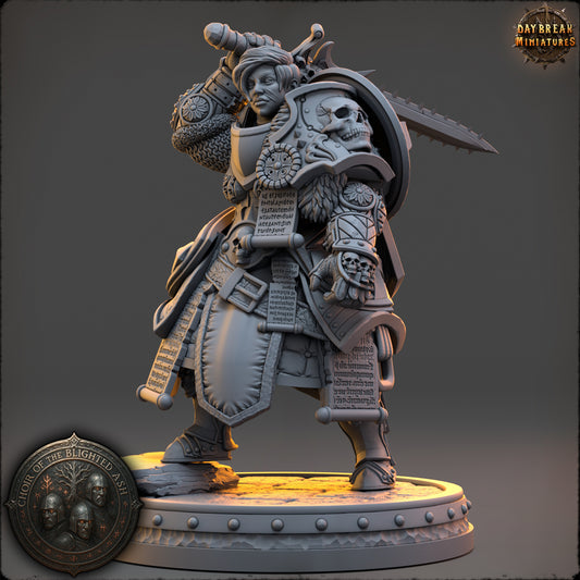 Eldra Veyne Human Paladin miniature in heavy armor carrying a one-handed sword.