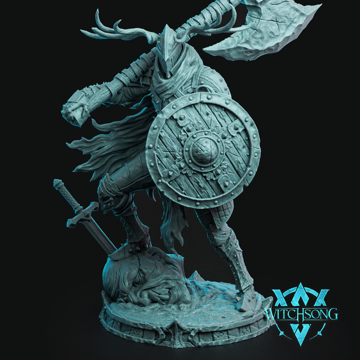 Elrick Giant Slayer armored warrior miniature carrying a massive axe and round shield above a fallen giant head on an 80mm scenic base.
