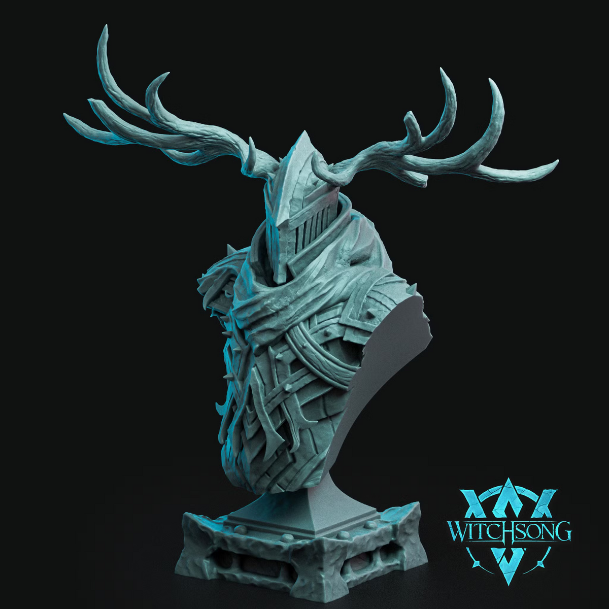 Elrick Giant Slayer display bust with an antlered enclosed helmet, layered armor, cloak, and stone-textured pedestal.