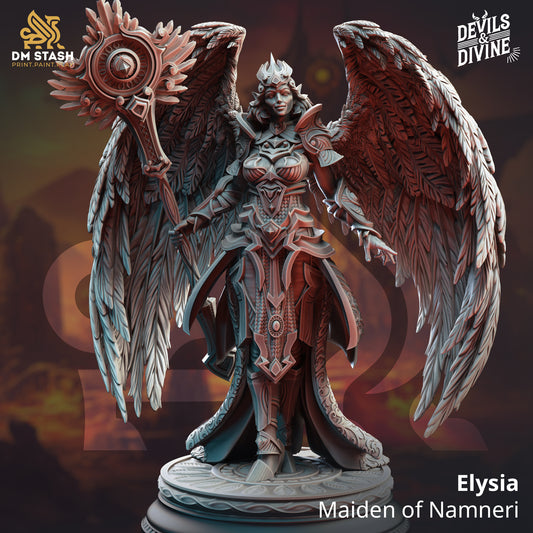 Aasimar Angelic Cleric resin miniature by DM Stash full front view with feathered wings and staff on runic base.