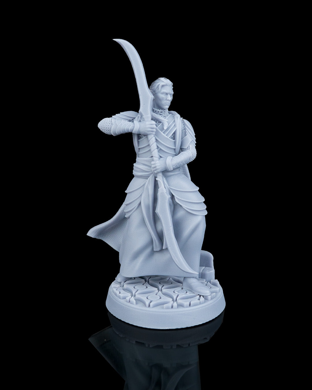 Three-quarter front view of the Enforcer Elven Warrior mini showing the elegant armor layers.