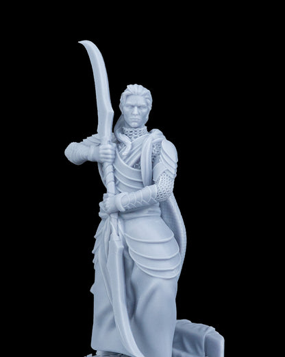 Detailed close-up of the Enforcer Elven Warrior's face, neck armor, and weapon hilt.