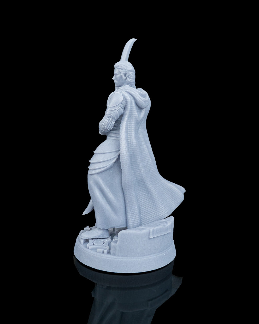 Left side view of the Enforcer Elven Warrior miniature showing the cloak dynamic and base ruins.