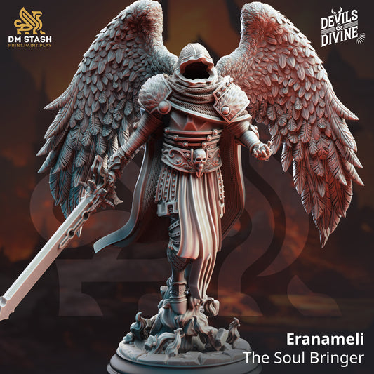 Eranameli The Soul Bringer Aasimar Paladin resin miniature by DM Stash full front view with feathered wings and greatsword on fiery base.