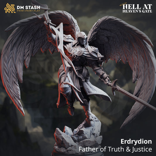 Erdrydion Father of Truth and Justice resin miniature by DM Stash full front view with wings, banner spear, and sword on rocky base.