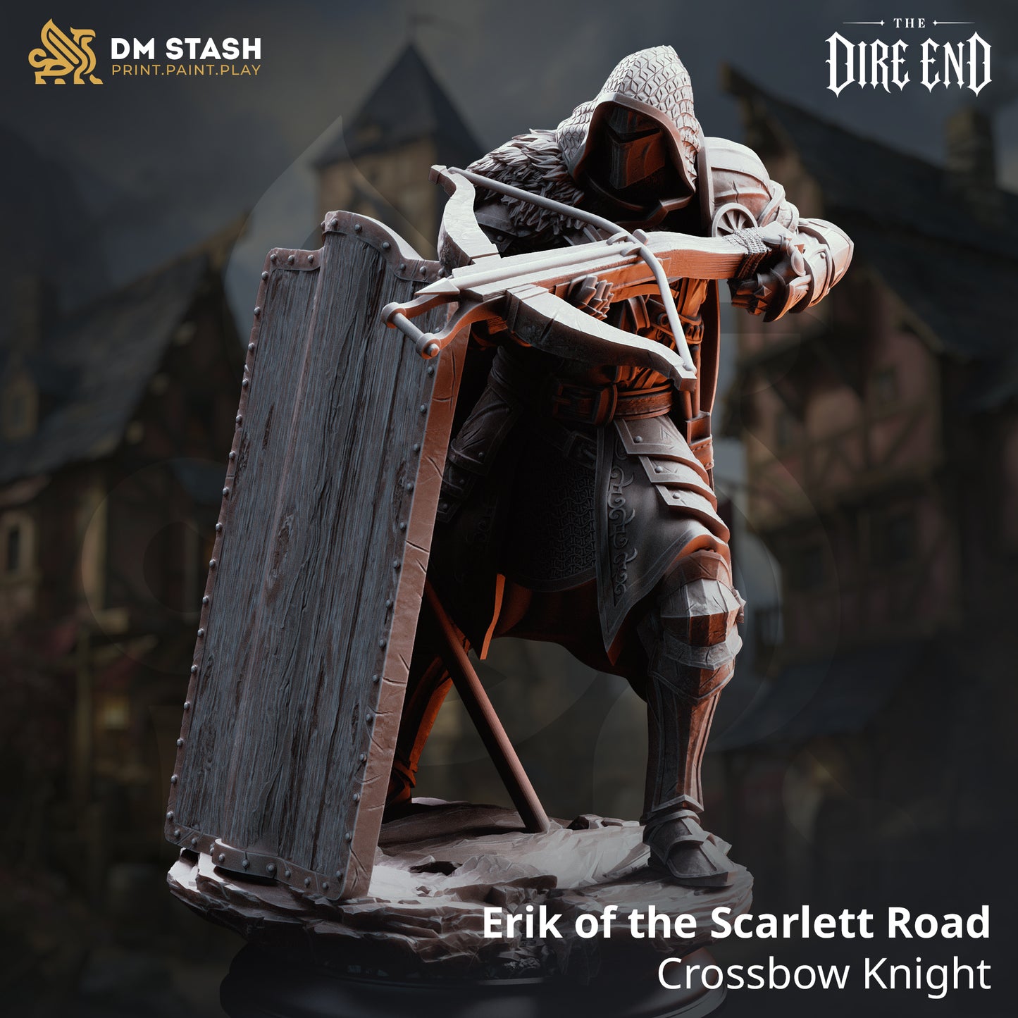 Erik of the Scarlett Road Crossbow Knight miniature holding a heavy crossbow with a large wooden pavise shield, 16K resin print by DM Stash.