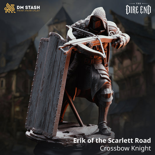 Erik of the Scarlett Road Crossbow Knight miniature holding a heavy crossbow with a large wooden pavise shield, 16K resin print by DM Stash.
