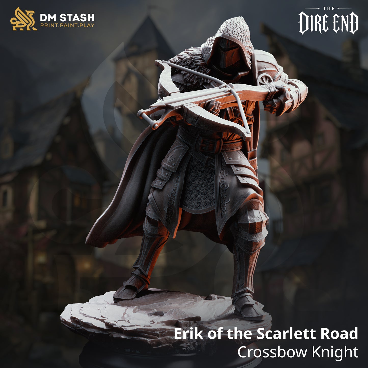 Alternate unshielded pose of Erik of the Scarlett Road Crossbow Knight miniature aiming a heavy crossbow, 16K resin print by DM Stash.