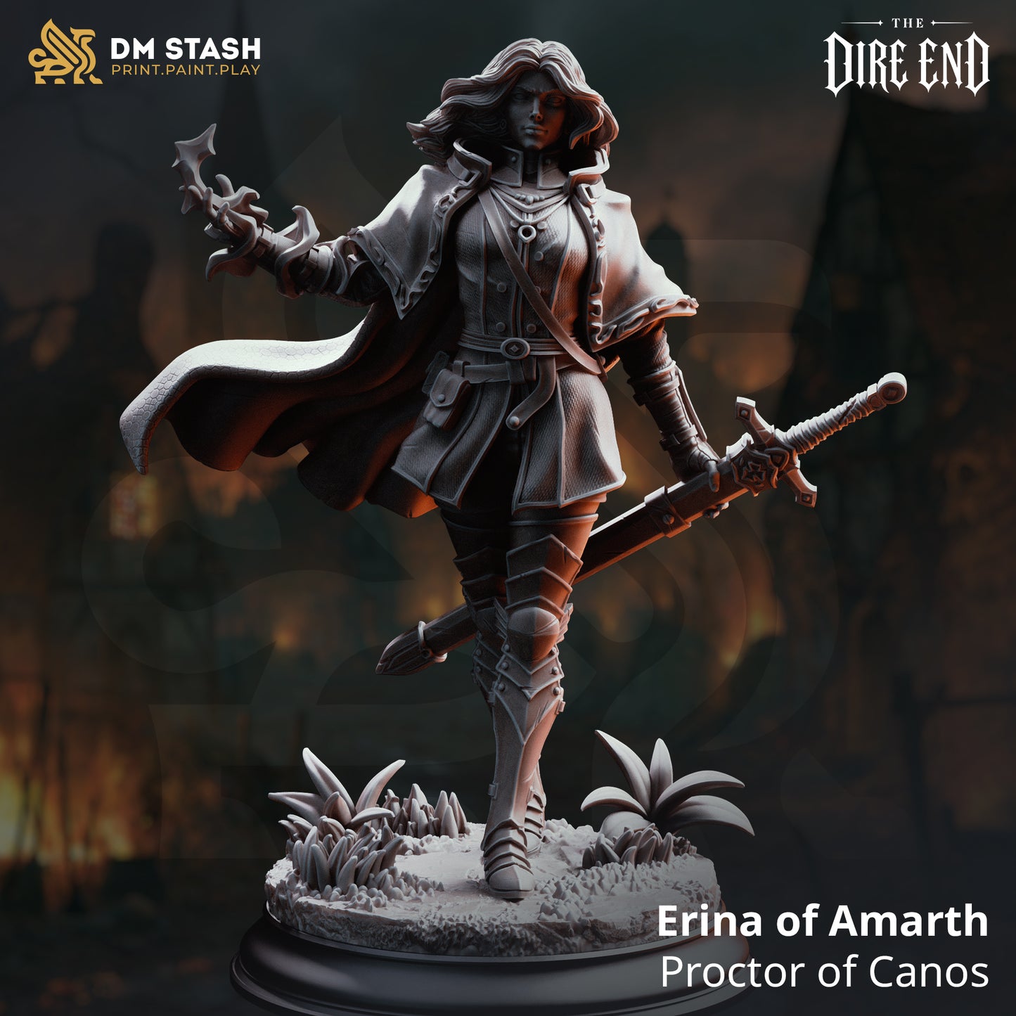 A 3D-rendered dark fantasy resin miniature titled "Erina of Amarth - Proctor of Canos" by DM Stash. The female warrior strides forward wearing a long coat, a flowing cape, and plate leg armor. She rests her hand on the hilt of a sheathed longsword while holding an active spell effect in her right hand over a scenic tufted base.