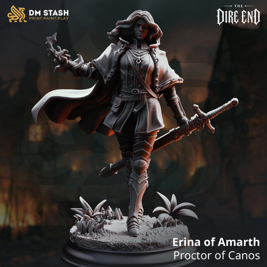 A 3D-rendered dark fantasy resin miniature titled "Erina of Amarth - Proctor of Canos" by DM Stash. The female warrior strides forward wearing a long coat, a flowing cape, and plate leg armor. She rests her hand on the hilt of a sheathed longsword while holding an active spell effect in her right hand over a scenic tufted base.