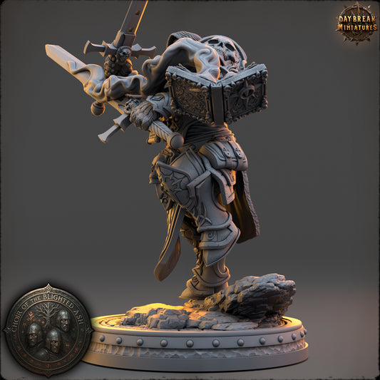Eryn Kalross armored Human Paladin miniature in a dynamic running pose with sword and sacred tome.