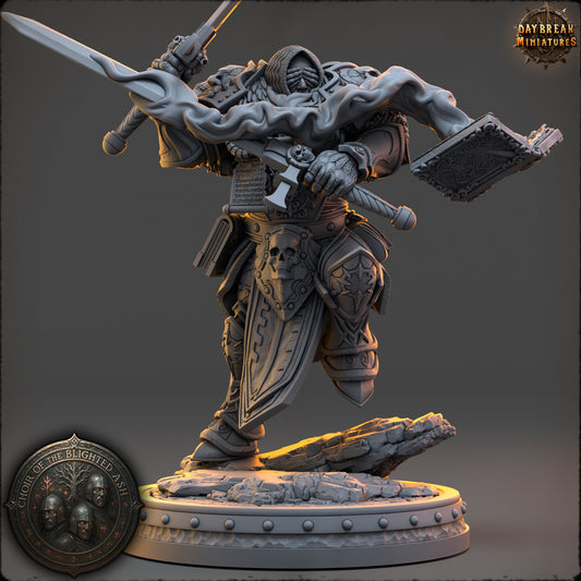 Eryn Kalross Human Paladin miniature in heavy armor charging with a one-handed sword and open book.