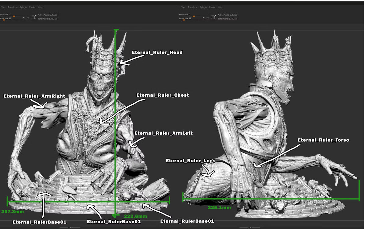 Eternal Ruler 32mm-scale model showing labeled assembly components and reference dimensions in front and side views.