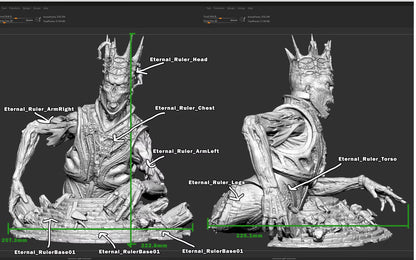 Eternal Ruler 32mm-scale model showing labeled assembly components and reference dimensions in front and side views.