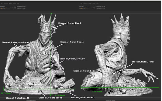 Eternal Ruler 32mm-scale model showing labeled assembly components and reference dimensions in front and side views.
