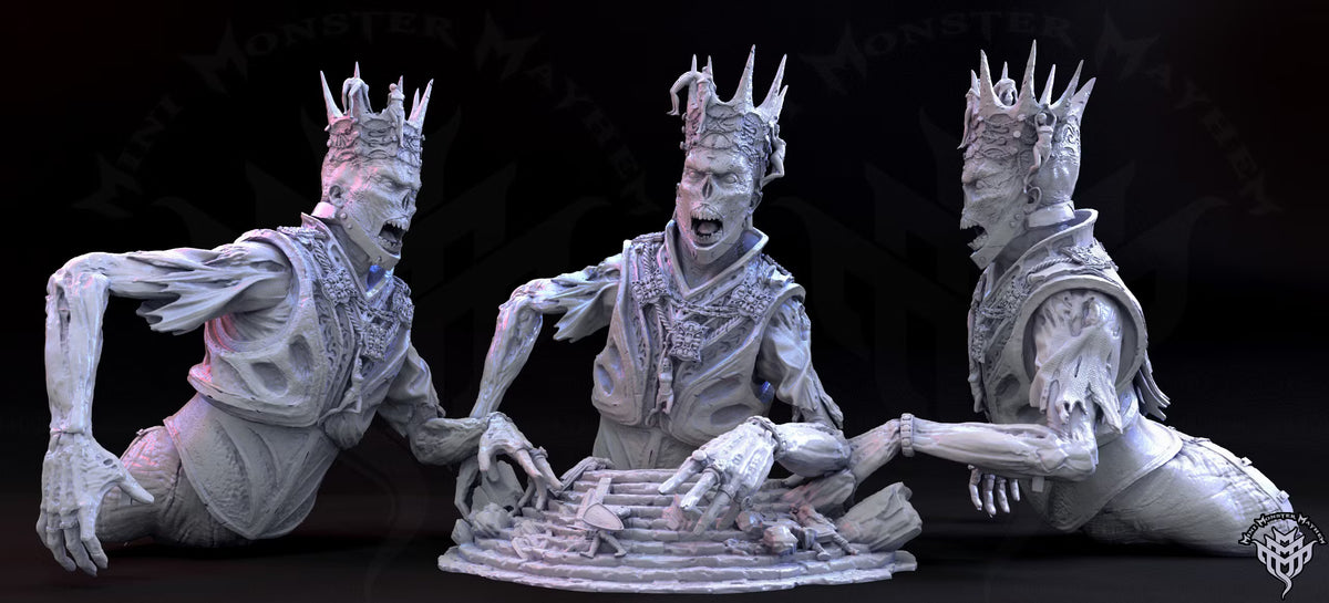 Eternal Ruler undead king by Mini Monster Mayhem shown from three angles, with a spiked crown, skeletal arms, and ruined stone base.