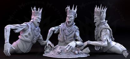 Eternal Ruler undead king by Mini Monster Mayhem shown from three angles, with a spiked crown, skeletal arms, and ruined stone base.