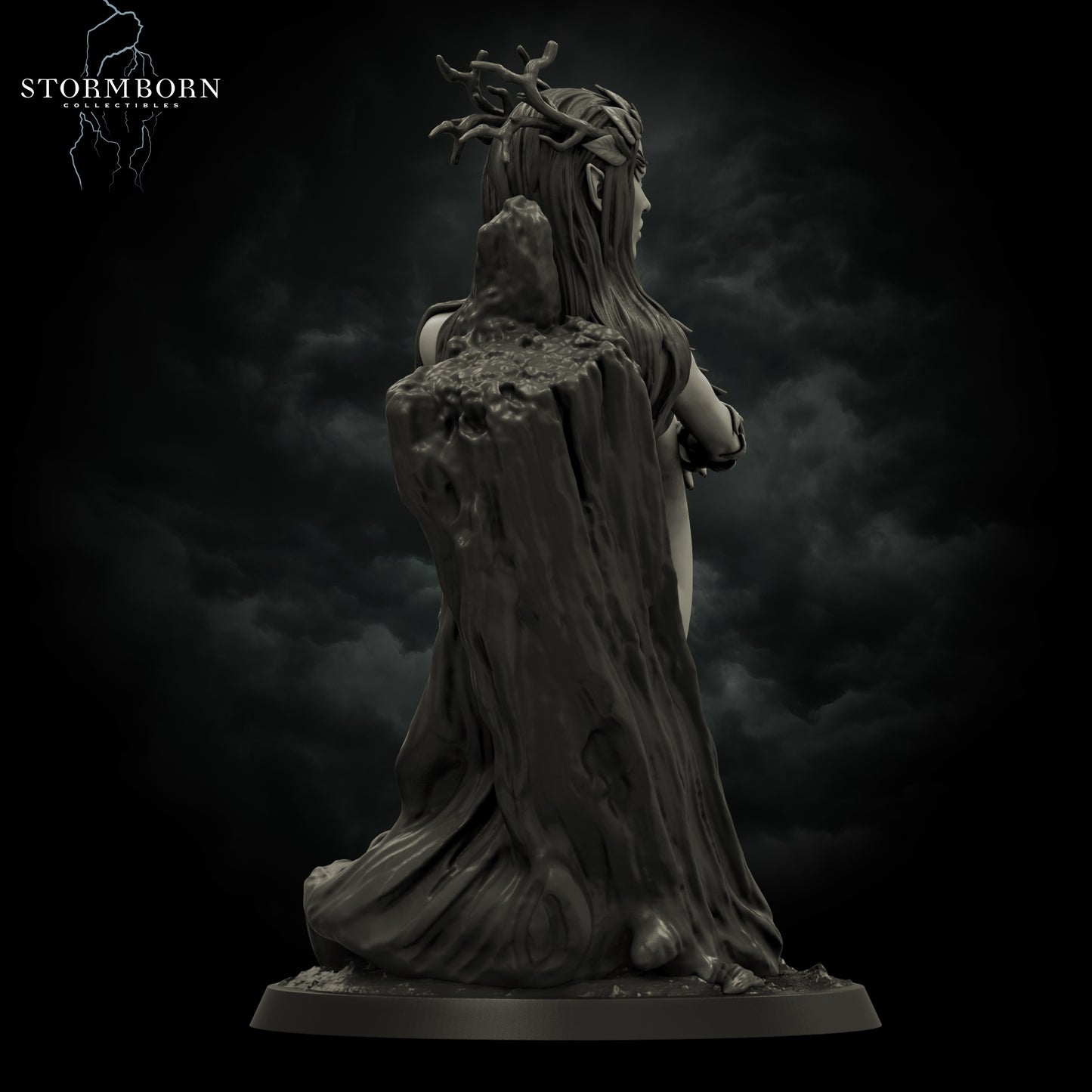 Eva, Dryad of the Emerald Grove forest spirit resin figure seated on tree roots fantasy display statue