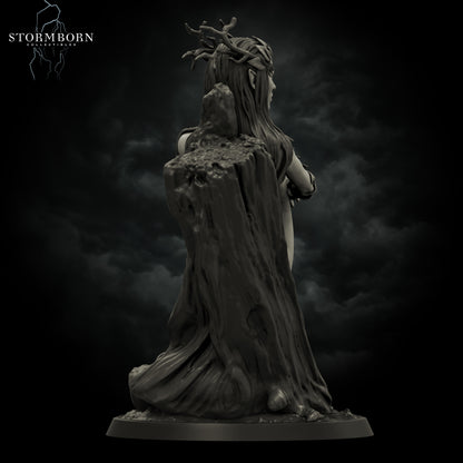 Eva, Dryad of the Emerald Grove forest spirit resin figure seated on tree roots fantasy display statue
