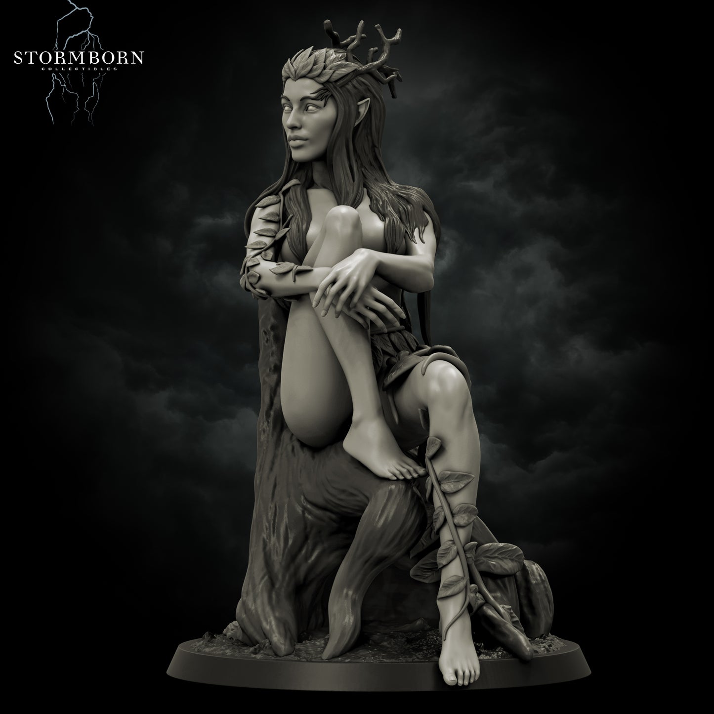 Eva, Dryad of the Emerald Grove forest spirit resin figure seated on tree roots fantasy display statue
