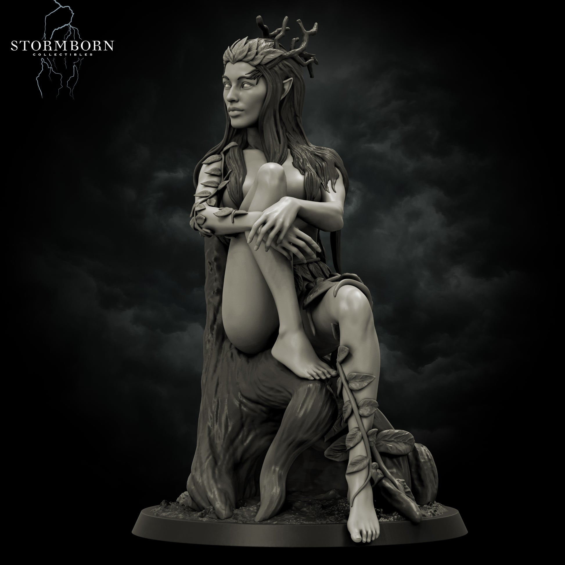 Eva, Dryad of the Emerald Grove forest spirit resin figure seated on tree roots fantasy display statue
