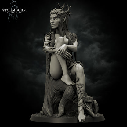 Eva, Dryad of the Emerald Grove forest spirit resin figure seated on tree roots fantasy display statue