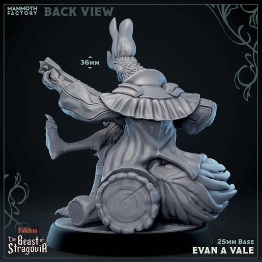 Rear view of Evan A Vale showing his avian features, clothing, bird-like legs, and stringed instrument.