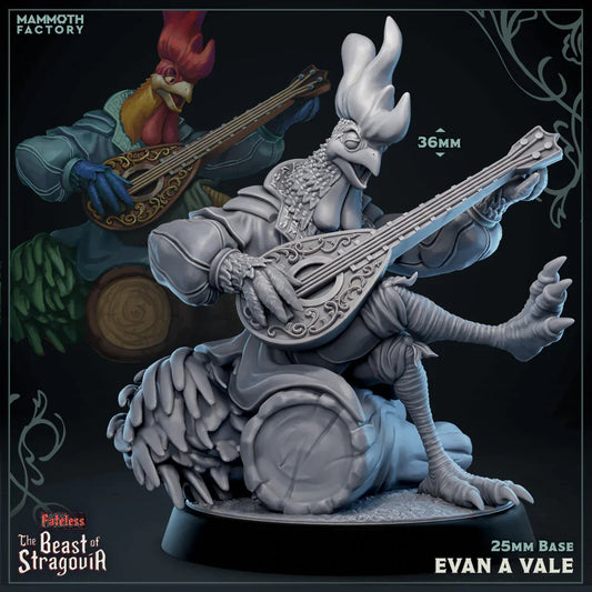 Evan A Vale Kenku Bard seated with an ornate stringed instrument, feathered crest, beak, and layered clothing.