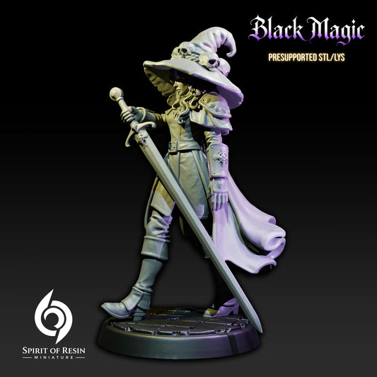 Evelin, Ex Witch human paladin standing with an oversized sword, skull-adorned witch hat, layered armor, and flowing coat.