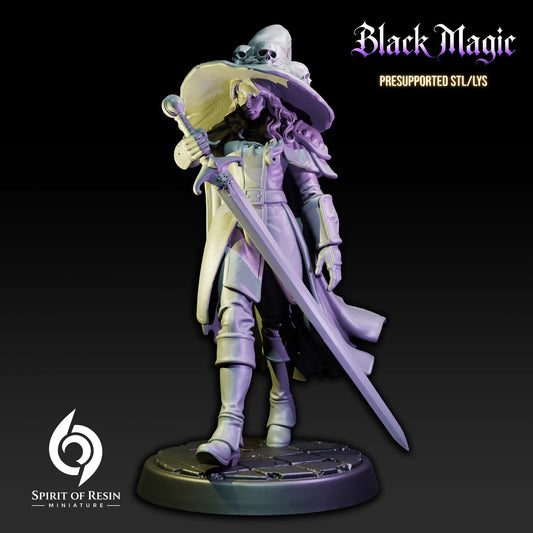 Front three-quarter view of Evelin, Ex Witch showing her skull-decorated hat, long sword, armored clothing, and stone base.