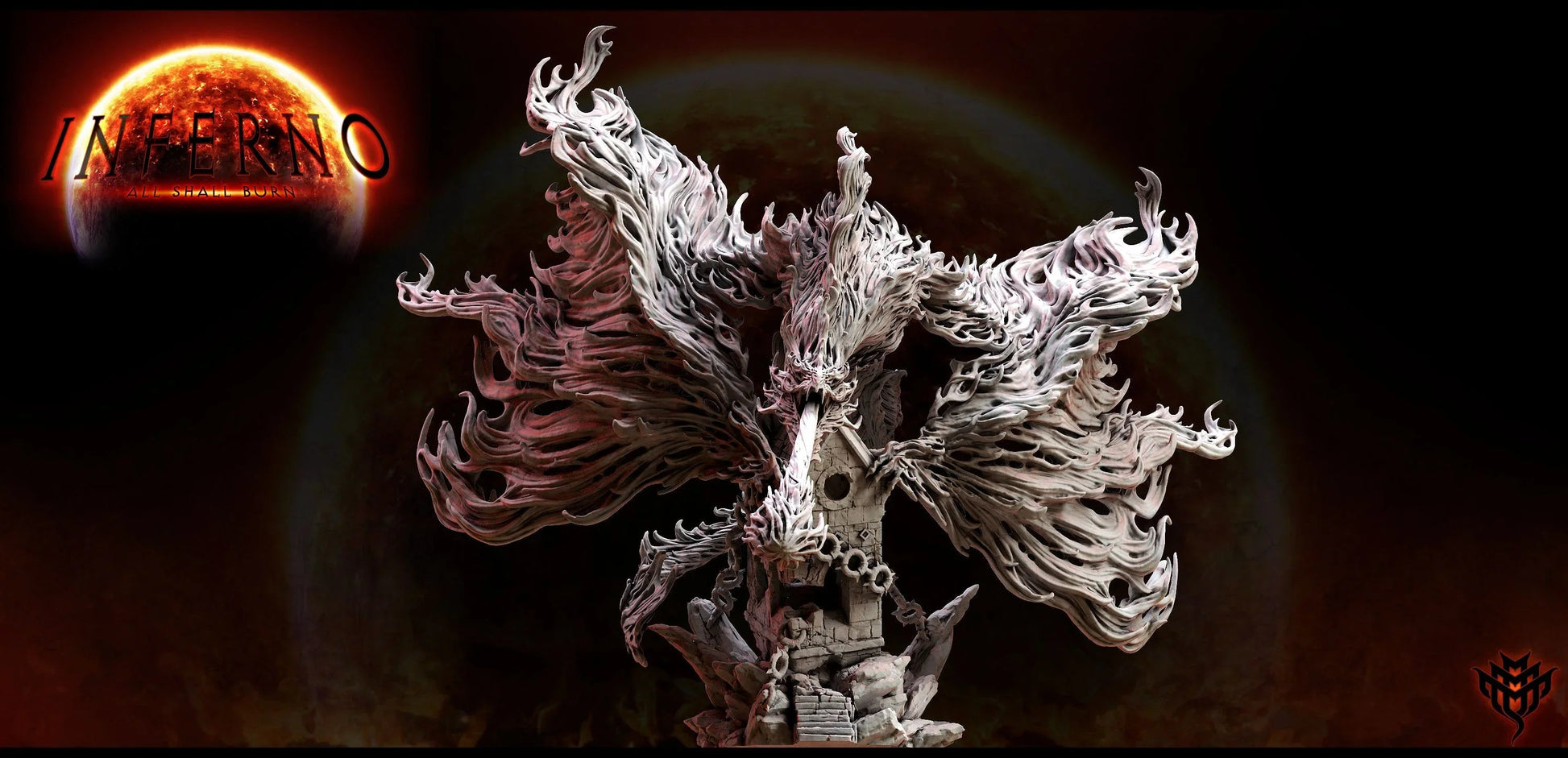 Massive flame-wreathed serpent miniature with flowing fire wings, mounted on a 100mm base. Ideal for display or TTRPG boss battles.