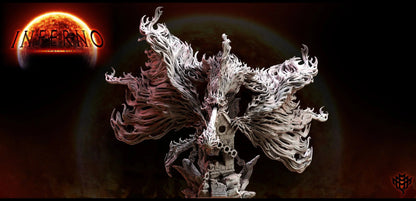 Massive flame-wreathed serpent miniature with flowing fire wings, mounted on a 100mm base. Ideal for display or TTRPG boss battles.