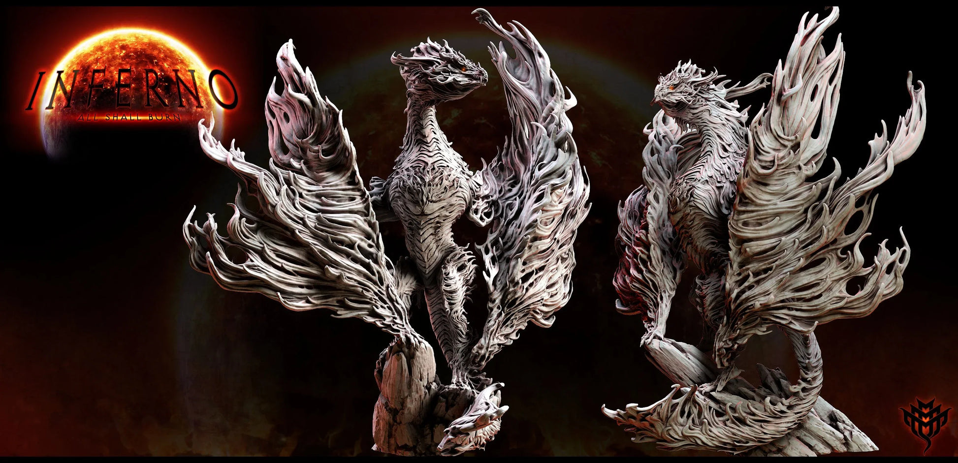 Massive flame-wreathed serpent miniature with flowing fire wings, mounted on a 100mm base. Ideal for display or TTRPG boss battles.