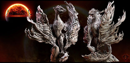 Massive flame-wreathed serpent miniature with flowing fire wings, mounted on a 100mm base. Ideal for display or TTRPG boss battles.