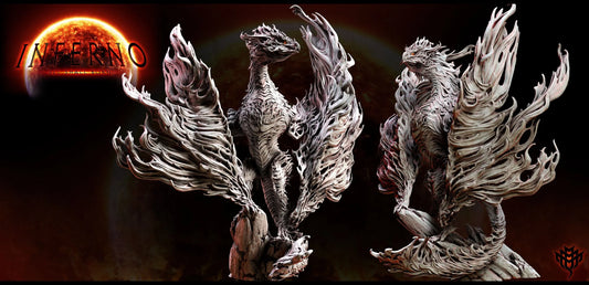 Massive flame-wreathed serpent miniature with flowing fire wings, mounted on a 100mm base. Ideal for display or TTRPG boss battles.