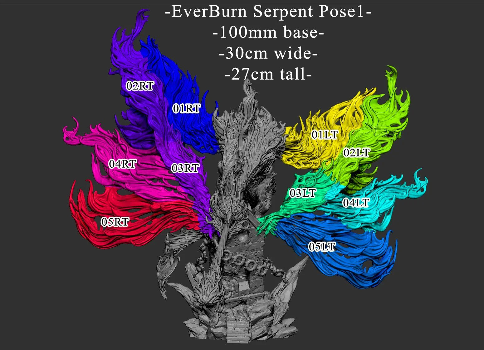 Massive flame-wreathed serpent miniature with flowing fire wings, mounted on a 100mm base. Ideal for display or TTRPG boss battles.