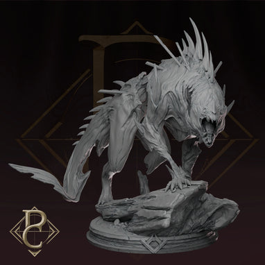 Side view of painted Beast of Vaudange with dark skin tones, gaping maw, and bone spines along its back.