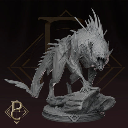 Side view of painted Beast of Vaudange with dark skin tones, gaping maw, and bone spines along its back.