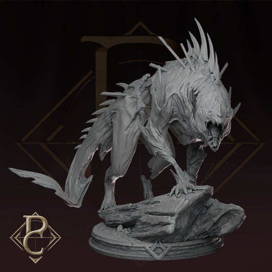 Side view of painted Beast of Vaudange with dark skin tones, gaping maw, and bone spines along its back.