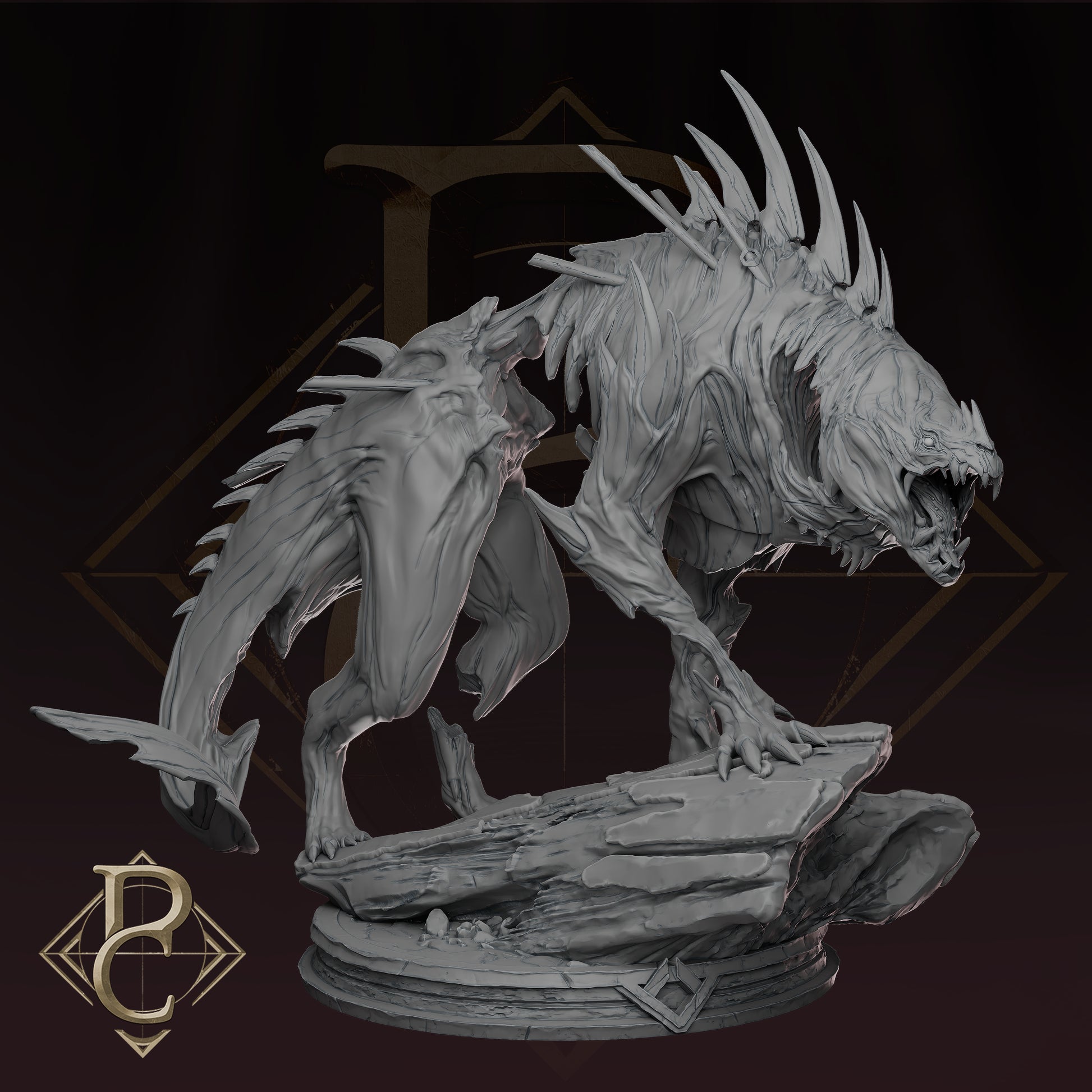 Digital sculpt of The Beast of Vaudange by Parasite Collectibles—a spined, monstrous creature on a rocky base.

