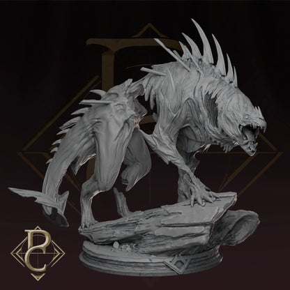 Digital sculpt of The Beast of Vaudange by Parasite Collectibles—a spined, monstrous creature on a rocky base.

