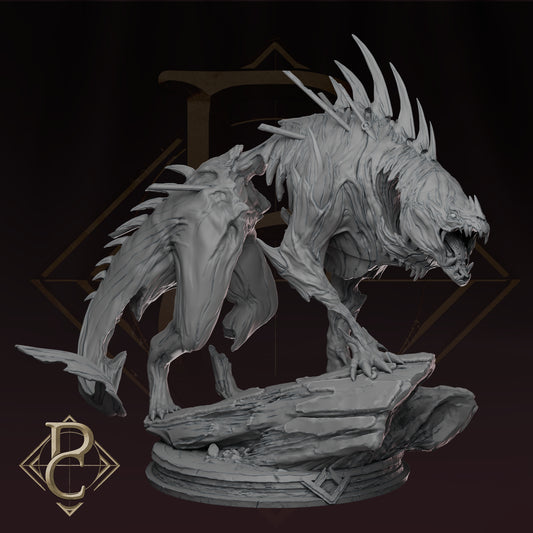 Digital sculpt of The Beast of Vaudange by Parasite Collectibles—a spined, monstrous creature on a rocky base.

