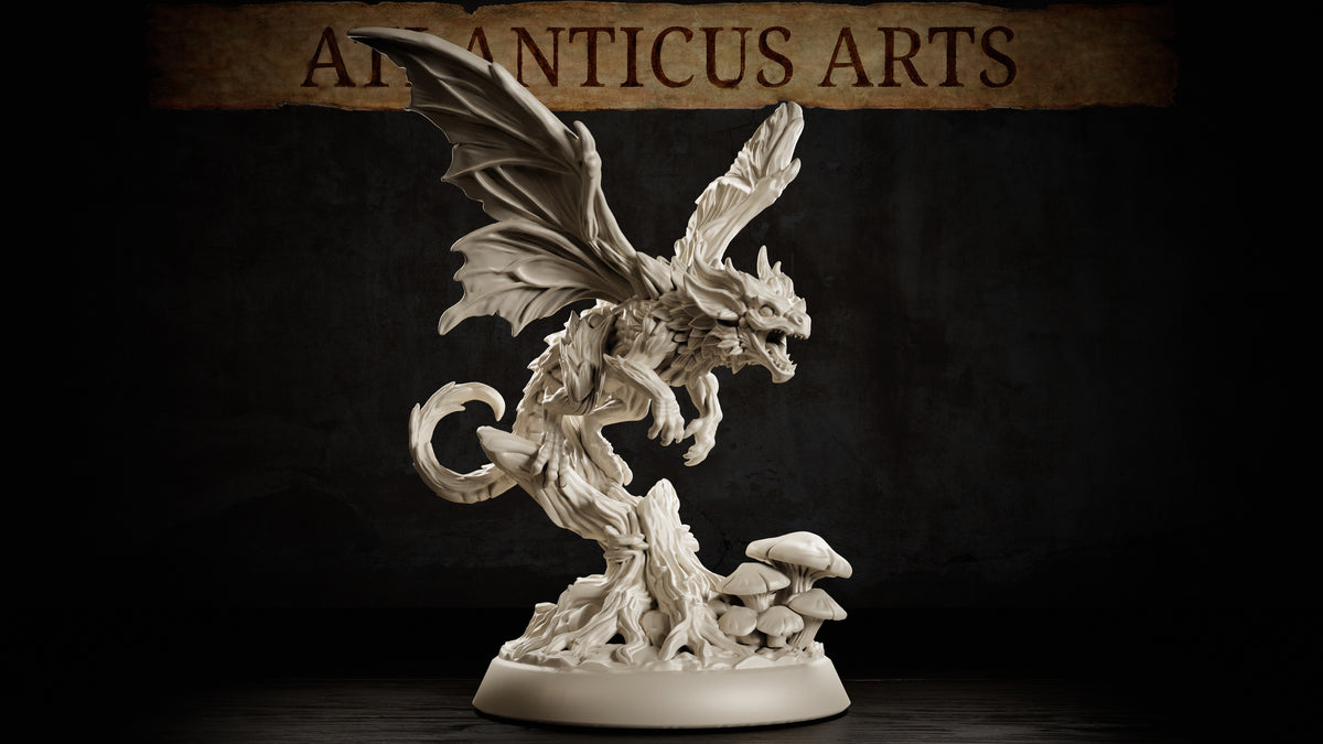 Full-body Adult Fairy Dragon miniature flying above a twisted tree with spread wings, open mouth, claws, curled tail, and forest mushrooms.
