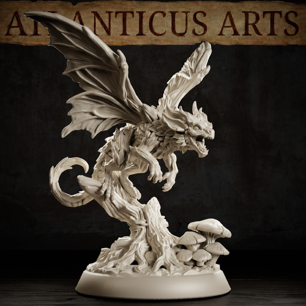Adult Fairy Dragon resin miniature with broad membranous wings, open jaws, clawed limbs, curling tail, and mushroom-covered woodland base.