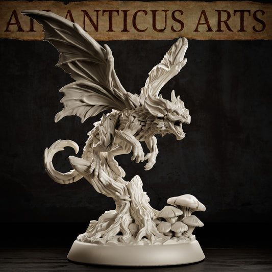 Adult Fairy Dragon resin miniature with broad membranous wings, open jaws, clawed limbs, curling tail, and mushroom-covered woodland base.