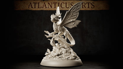 Full-body Youth Fairy Dragon miniature with large patterned wings, clawed feet, long scaled tail, twisted branch, and detailed woodland base.